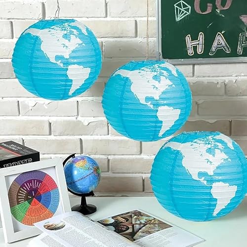 Miniatura 4 de Fun Express Juego de 3 linternas de papel colgantes de globo terráqueo de 12 pulgadas, decoraciones de fiesta, globos y decoración divertida