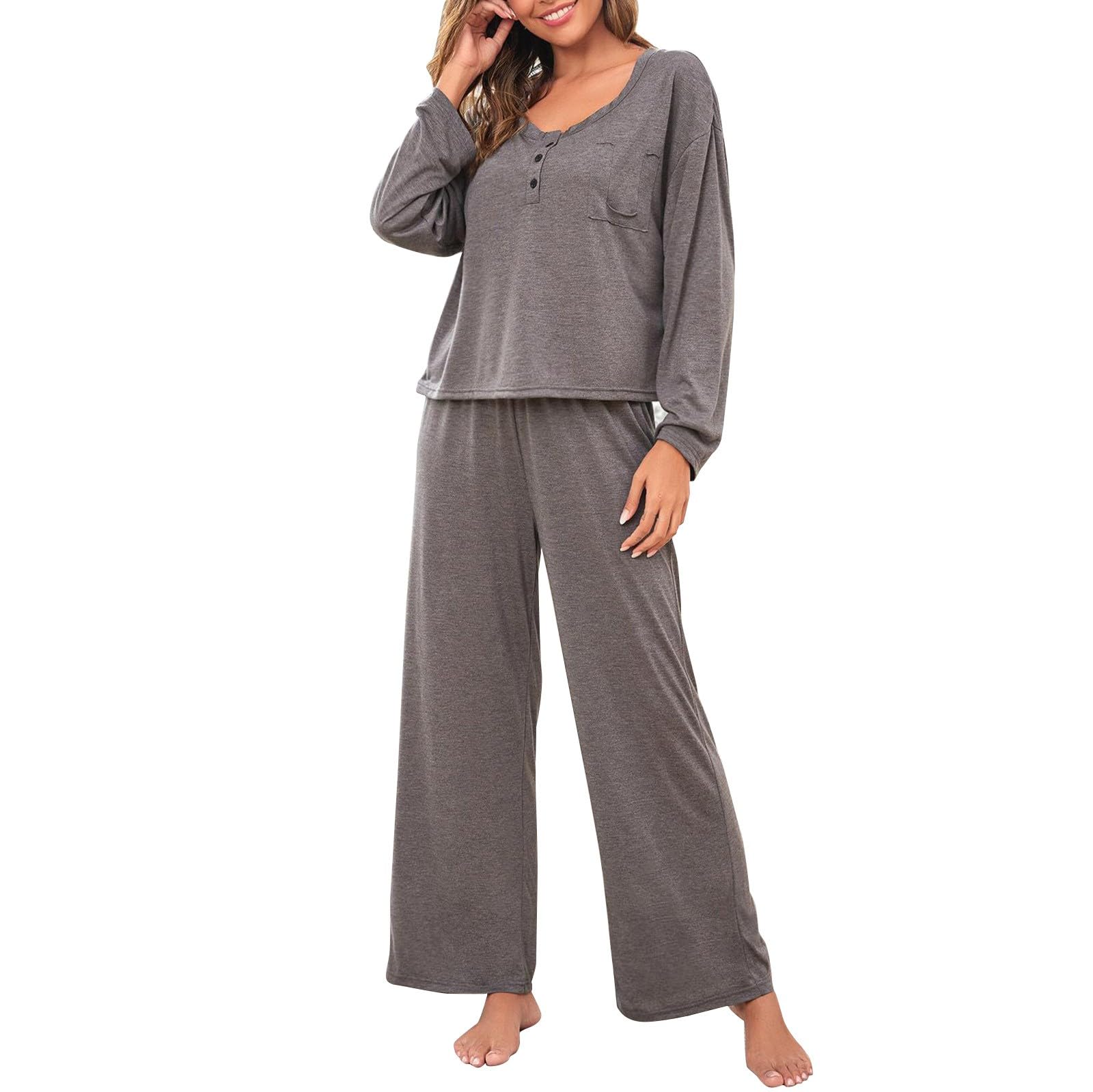 Pijama largo para mujer, conjunto de pijama de dos piezas con cuello redondo y cintura elástica a cuadros, pantalones de pijama, traje de casa, traje de ocio para primavera y otoño