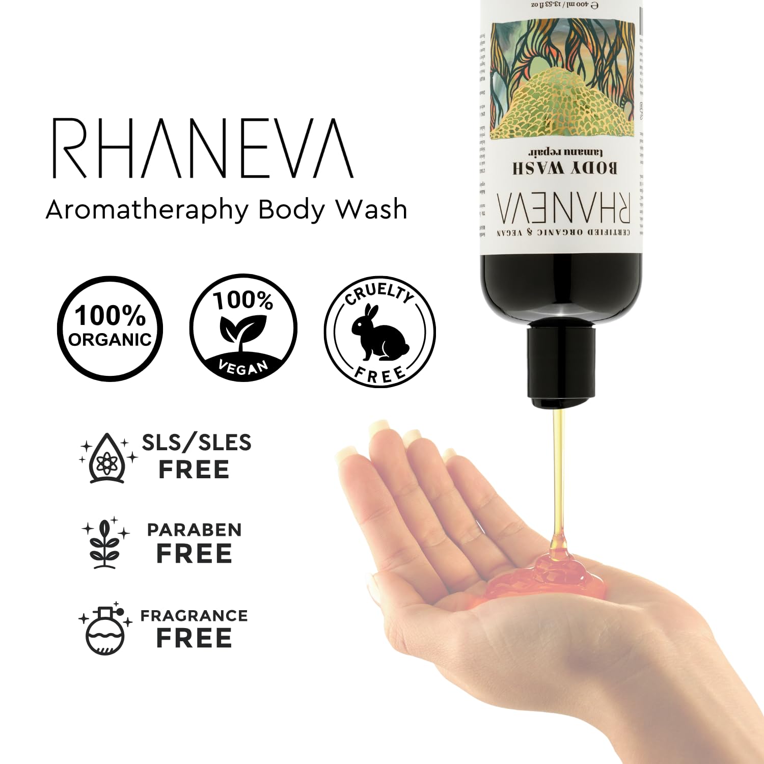 RHANEVA Aromaterapik Duş Jeli, Sertifikalı Organik ve Vegan, 400 ml