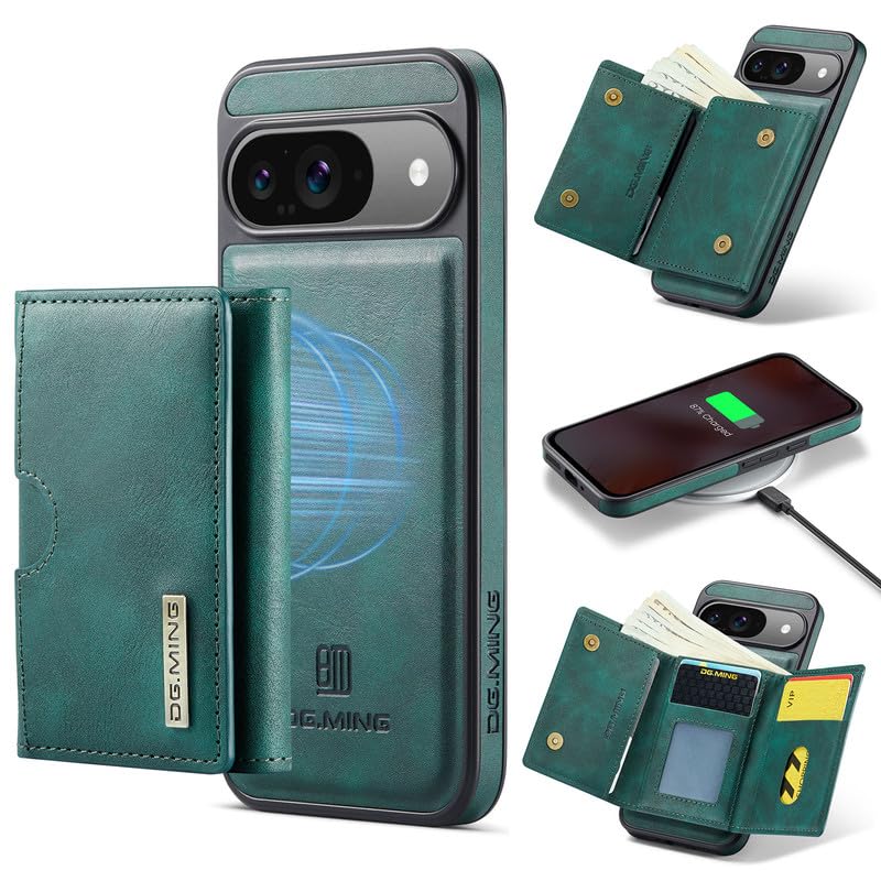 Étui en cuir Google Pixel 9 anti-piratage RFID avec coque aimantée amovible verte