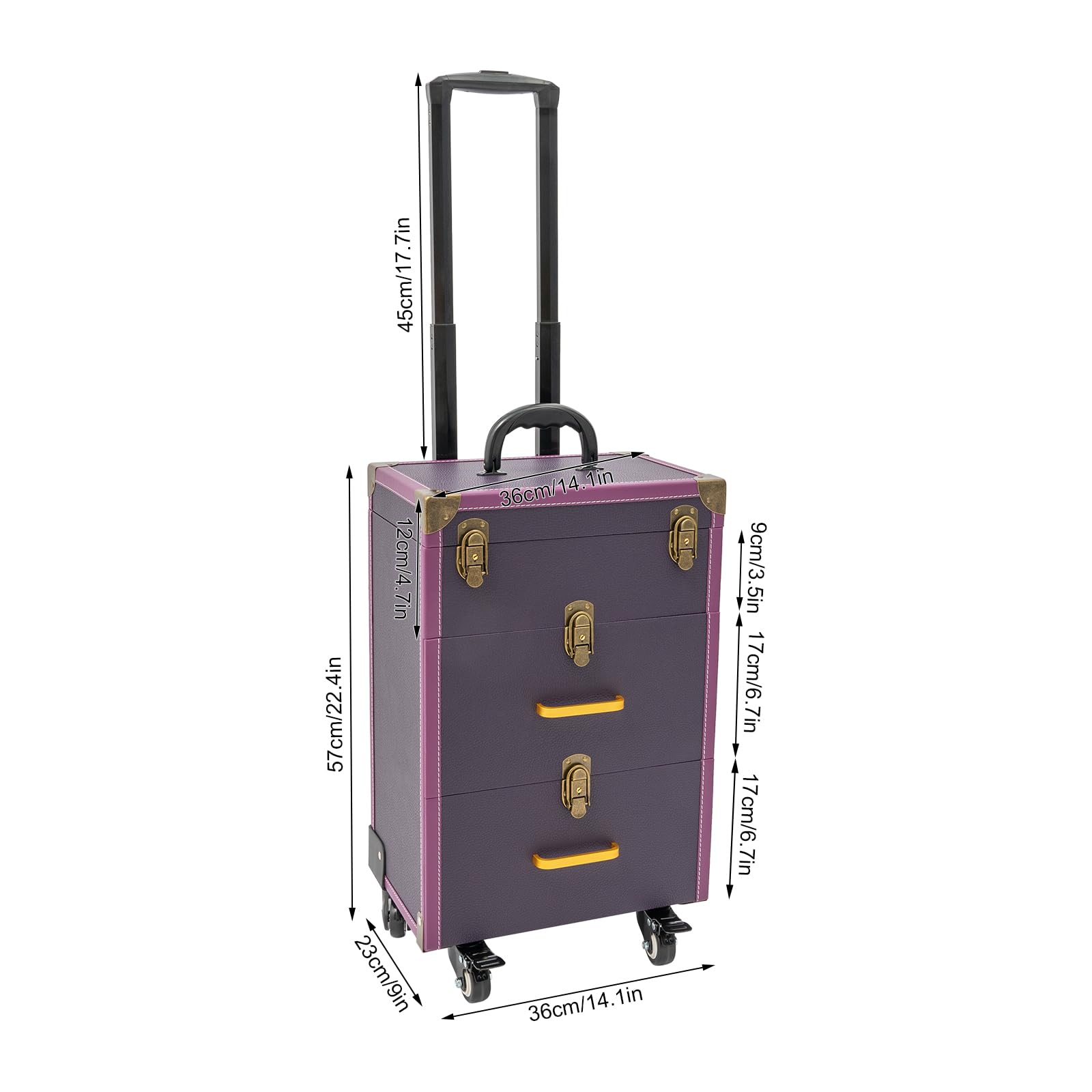 DCEHKR 3 Tiers Rolling Makeup Case Cosmetology Case On Wheels Large Makeup Trolley Case Makeup Rolling Case Lockable Cosmetic Case Organizer Right Angle Copper Latch (Purple)