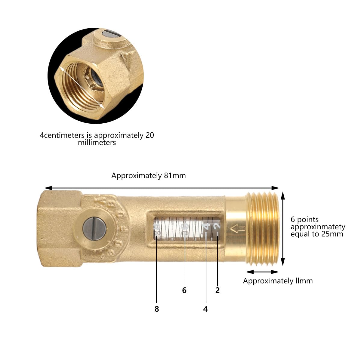 Misuratore di flusso in ottone, filettatura esterna 3/4 DN 20, portata 2-8 l/min