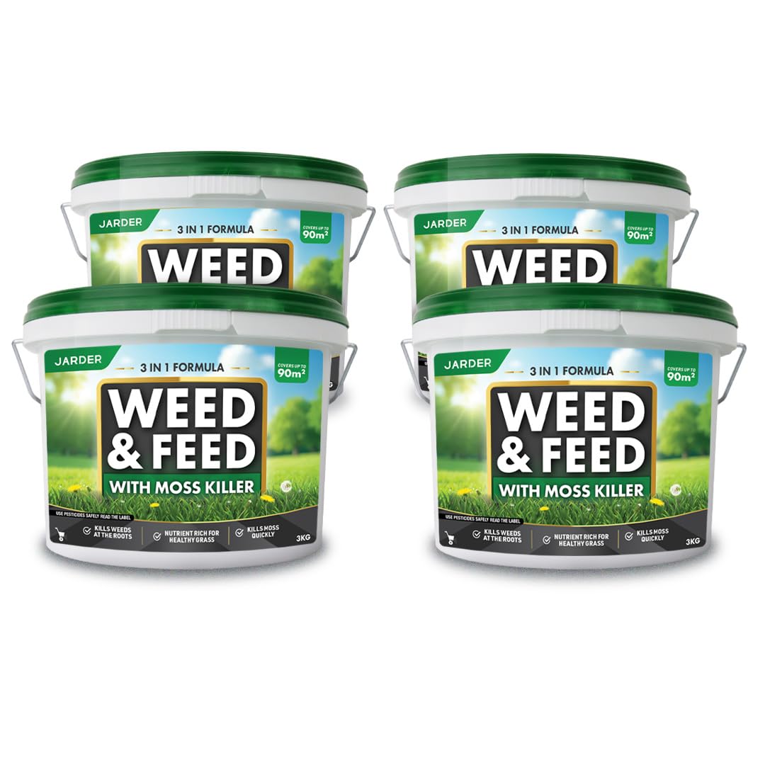 Jarder Weed and Feed Lawn Treatment 12kg - 4 x 3kg - Kills Weeds and Moss in Lawns - Boosts Grass Growth and Colour - Nutrient Rich Lawn Feed Granules - Covers 360m2