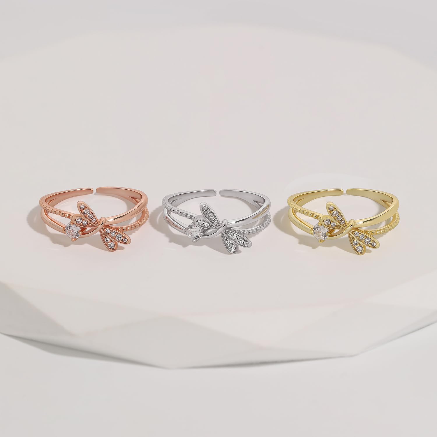 Meissa Bague Femme Argent 925 Libellule Dorée avec Zirconia – Bague Ajustable Élégante Inspiration Nature – Cadeau Original pour Anniversaire, Noël, Saint-Valentin