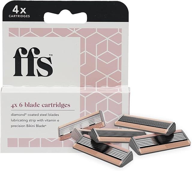 FFS Beauty Pack of 4 Vegan Razor Refills | Diamond-Coated Titanium 6-Blade Cartridges