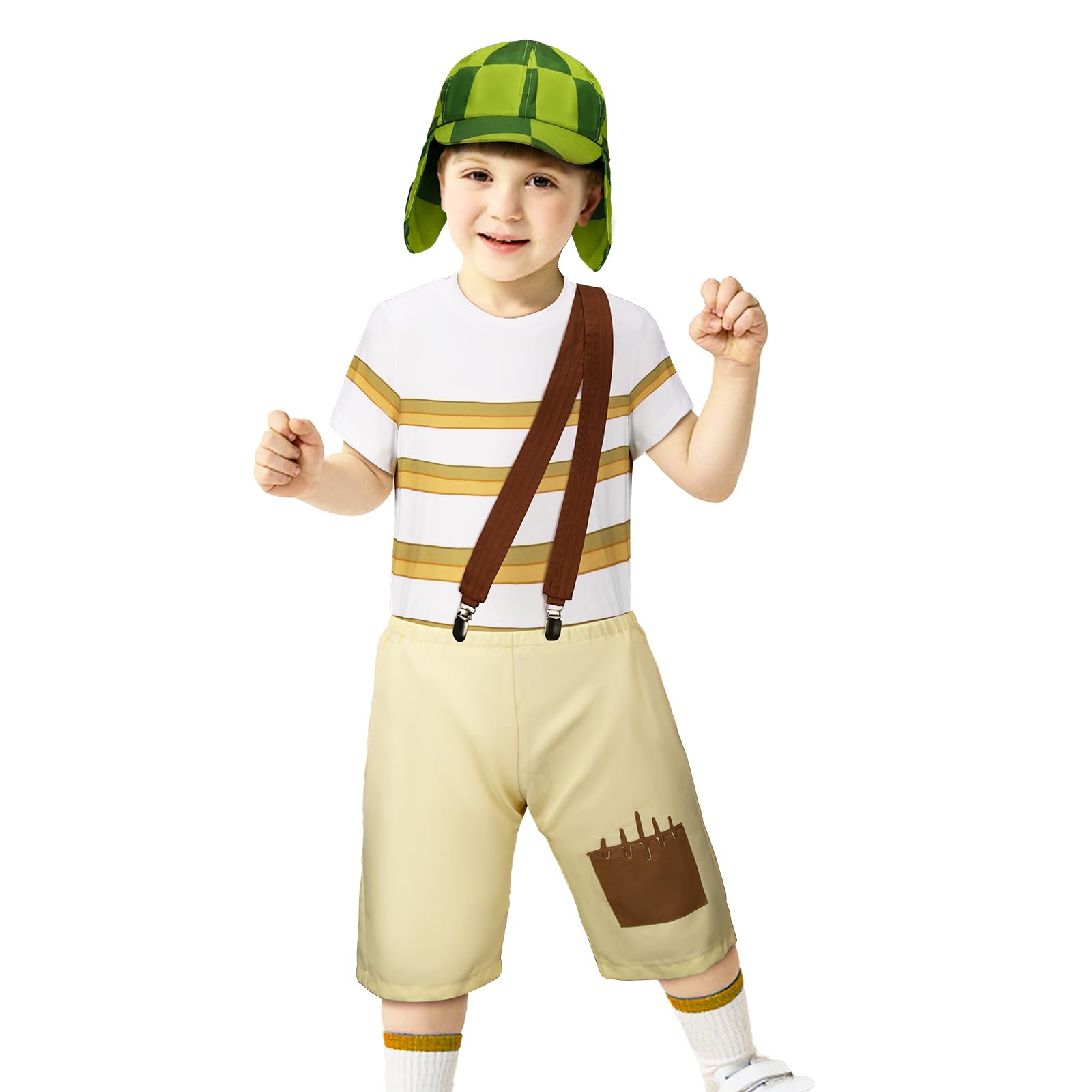 ZIFUNMUR Kids Costume Striped T-shirt Hat Straps Pants Outfit Halloween Cosplay Uniform Set