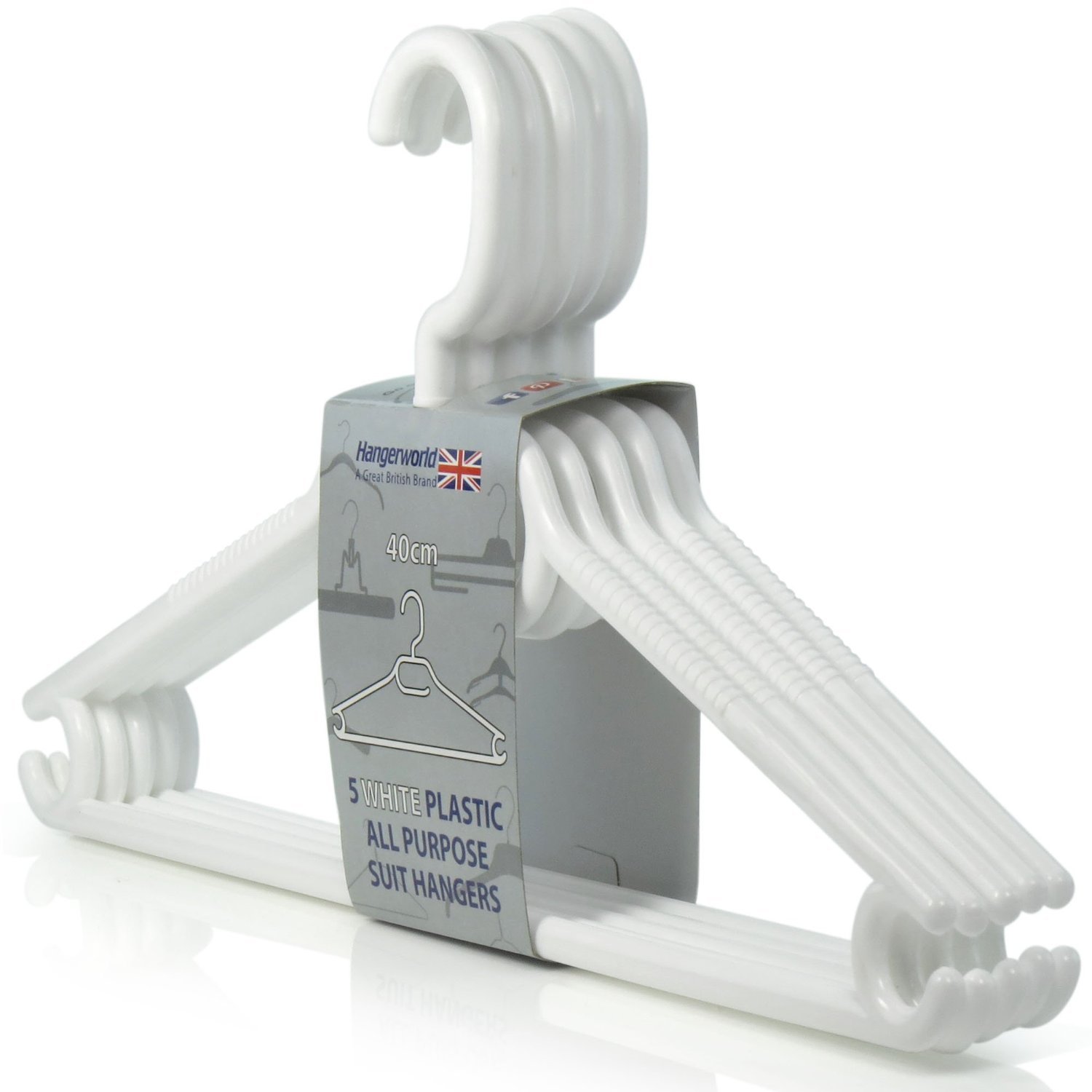 HANGERWORLD 20 weiße 40 cm große Allzweck-Kleiderbügel aus Kunststoff, rutschfeste Hosenstange.