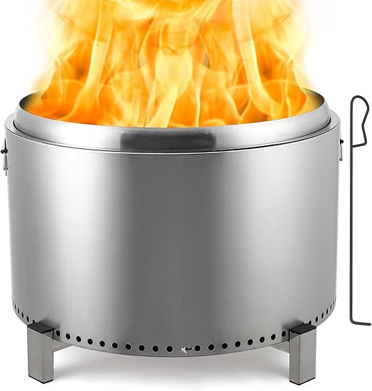 27in Outdoor Stainless Steel Smokeless Fire Pit, Low Smoke Outdoor Mini Fire, Outside Bonfire for Backyard, Camping, Picnics, with Firehook, Handle