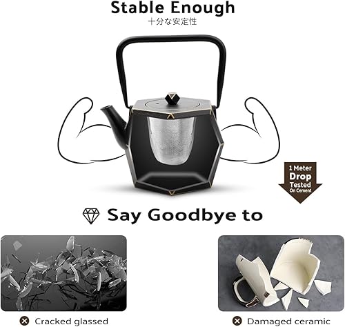 Miniatura 3 de Toptier - Tetera japonesa de hierro fundido con infusor de té de acero inoxidable. Juego de tetera de hierro fundido duradero, diseño de diamante