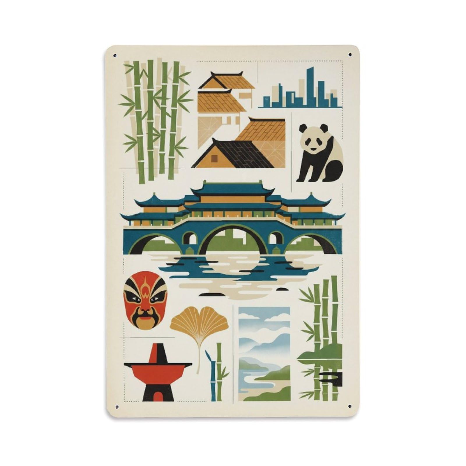 Okngb Style Urban Mosaic Travel Chengdu Cityscape Landmark Icons Metal Tin Sign Plaque Wall Decor For Cafe, Man Cave, Club Bar, Office, Home Garden Round Metal Poster 8X12inch