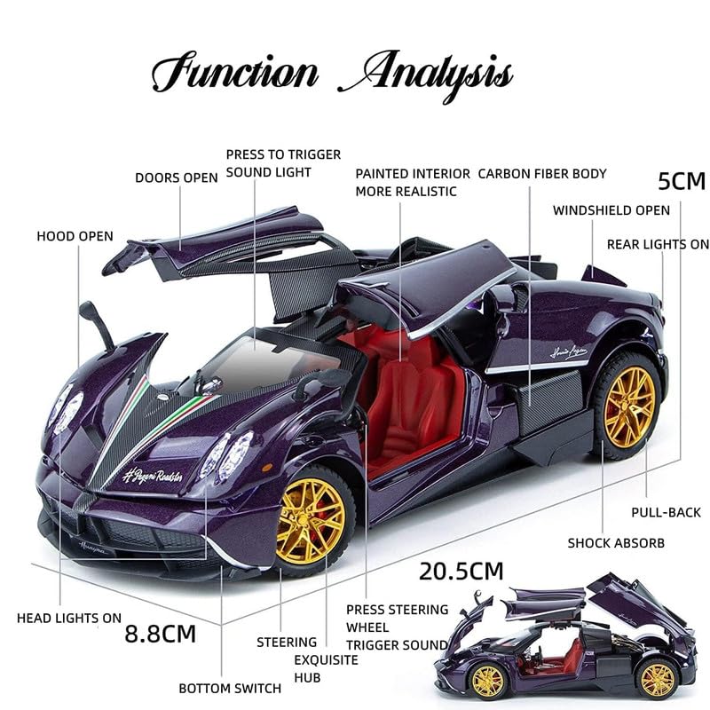 Image of Play Boy 1:24 Big Pagani Huayra Model Diecast Metal Alloy Pullback Toy Vehicle with Openable Doors Light and Music Car for Kids (Multicolor)