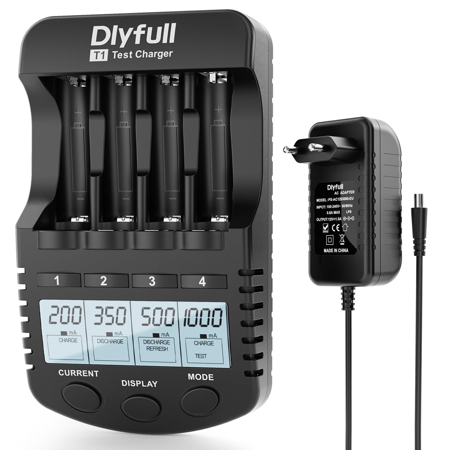 DLYFULL - Cargador de batería universal con pantalla LCD T1 Negro