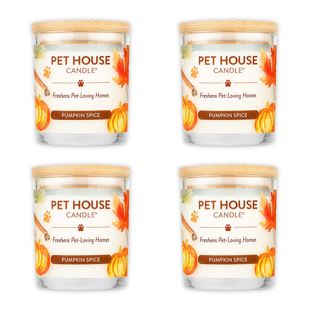 One Fur All Pet House - Velas de especias de calabaza a base de plantas/velas de soja, velas perfumadas de combustión limpia, vela de olor de mascotas de larga duración para el hogar, paquete de 4
