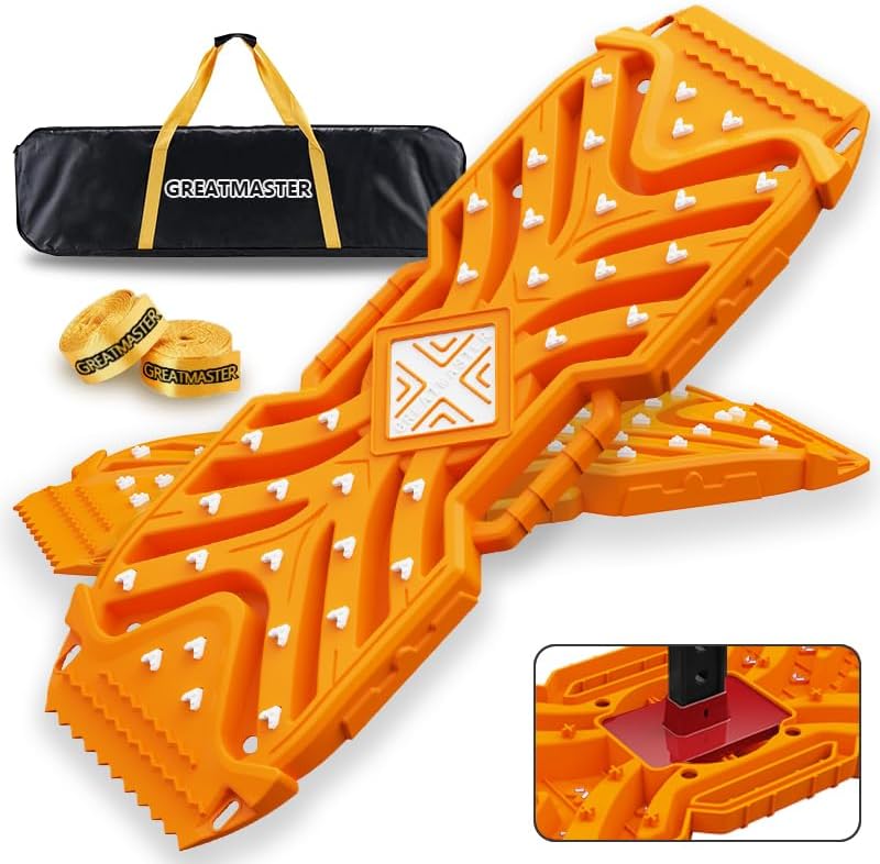 Traction Boards Recovery Boards (Pair) – 42? × 14? PA66 Off-Road Tracks with 34 High-Strength Contrasting-Color Spikes, Flip-Shovel & Jack-Base Design, Tow Strap – Sand, Mud, Snow 4×4 SUV ATV Truck Orange Body with White Spikes