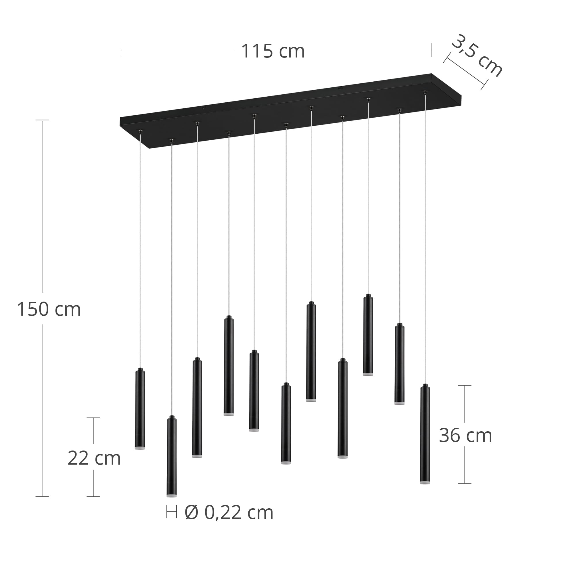 Trio Leuchten LED Pendelleuchte Tubular 321611132, Metall Schwarz matt, inkl. 11x 2.8 Watt LED, Switch Dimmer