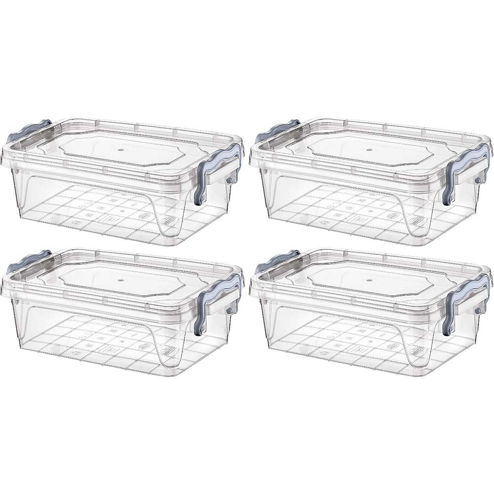 Concept4u 4 Pcs x 600ml Plastic Storage Box with Lid Clip Multipurpose Clear Rectangle Container Transparent Heavy Duty Stackable Box Ideal for Home, Office, Kitchen, Food, Toys, Closet, Animal Feed