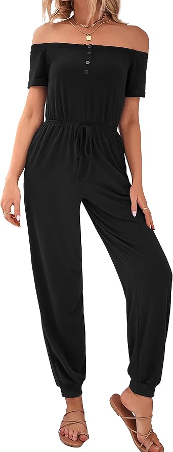 Womens Sexy Loose Off Shoulder Elastic Waist Stretchy Long Romper Jumpsuit