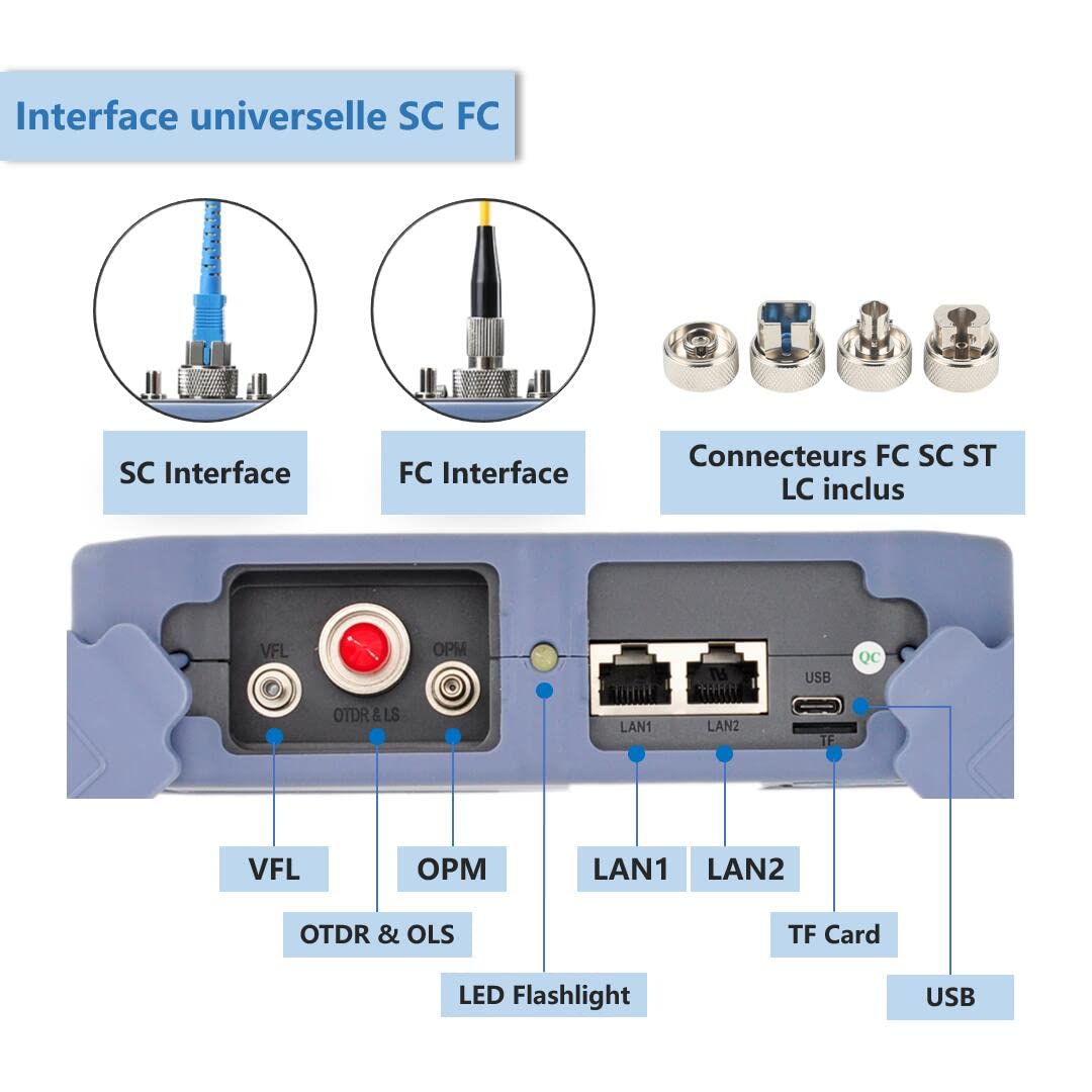 OTDR Fibre Optique 1310/1550nm 26/24dB avec écran tactile de 4,3 pouces, Reflectometre fibre optique OTDR 11-en-1 avec carte des événements VFL OPM OLS RJ45, connecteurs FC/UPC SC ST LC inclus