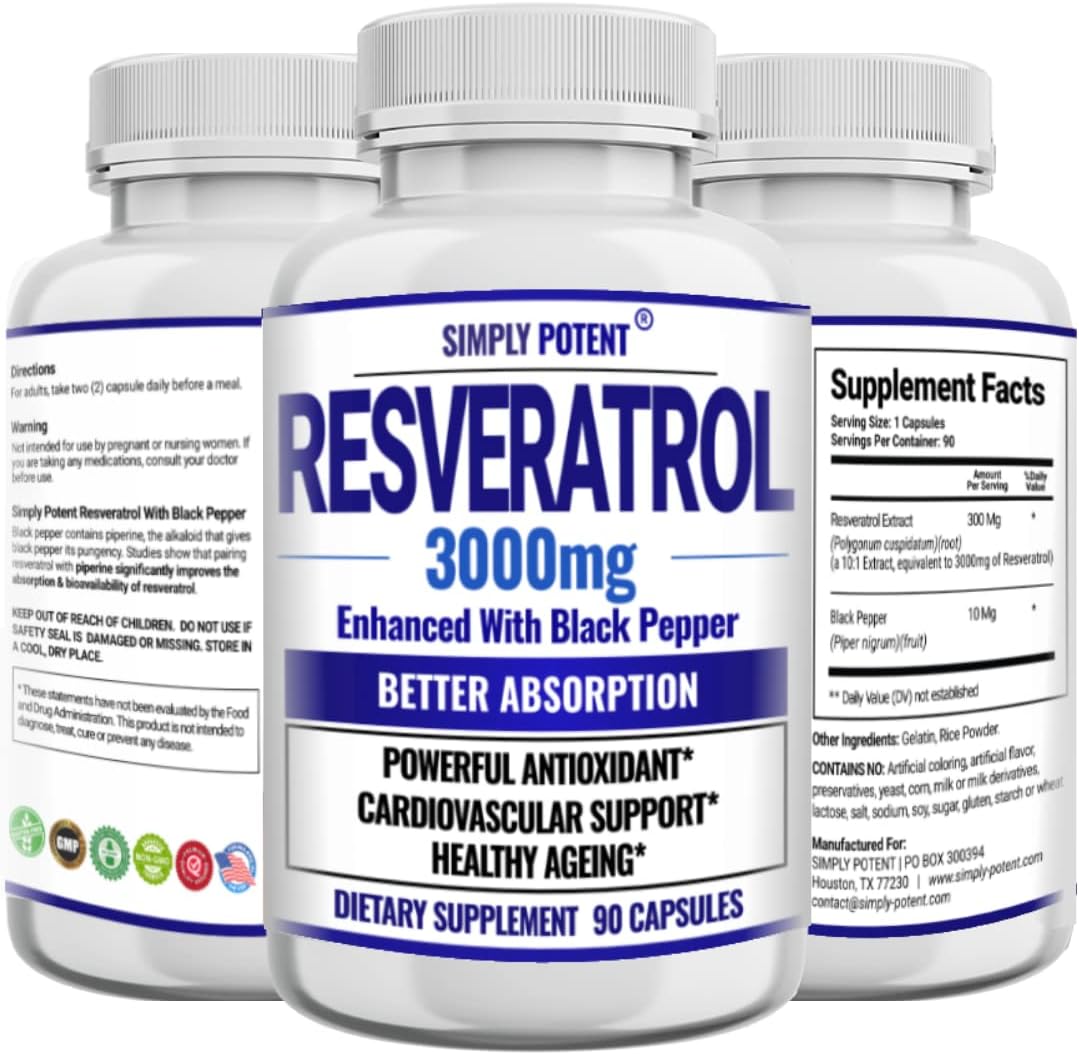 Resveratrol 3000mg Supplement, Max Strength 3X Resveratrol 1000mg, 90 Caps 3 Mon Supply, Enhanced with Black Pepper for Max Absorption, Powerful Antioxidant & Anti-Aging Pills for Heart, Immune & Skin