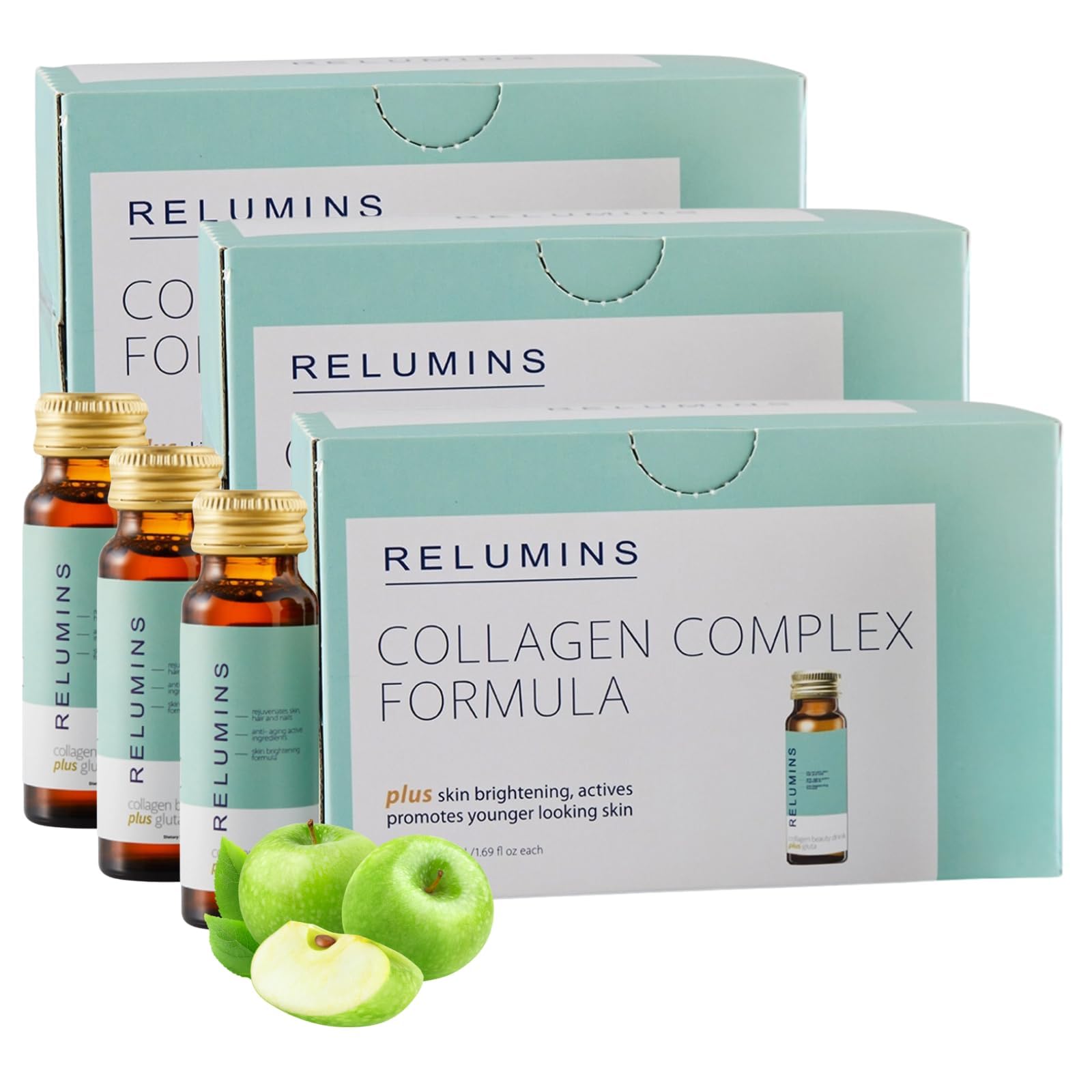 ReluminsAdvanced Collagen Beauty Drink with Glutathione, Hyaluronic Acid & Antioxidants - Post-Summer Skin Recovery & Made in USA - Apple Flavor - 30 Bottles x 50mL