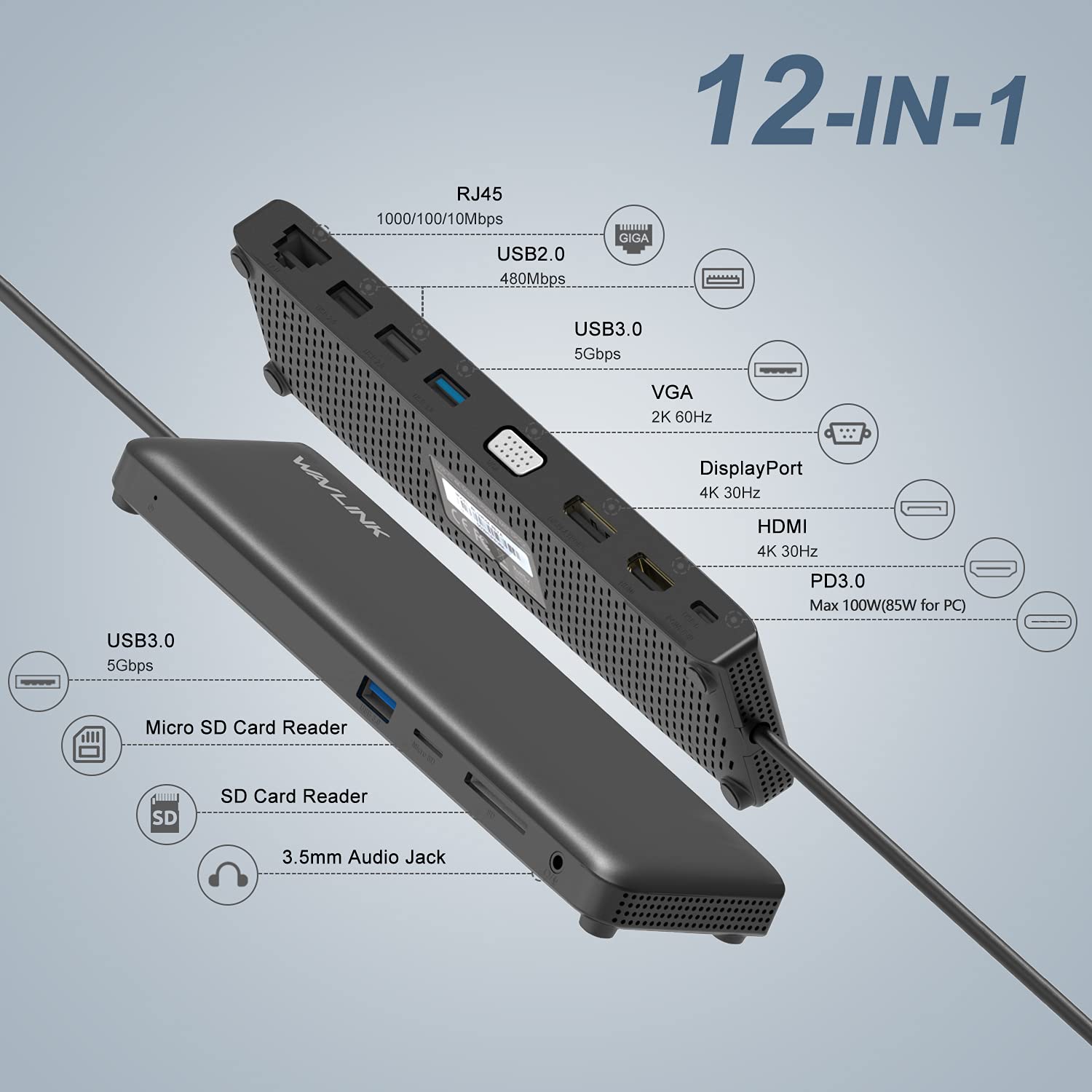 WAVLINK Station d'accueil USB-C, Triple Affichage, Écran d'extension, USB3.0/2.0, VGA, 1x Displayport & HDMI, USB-C 100W PD Charge Alimenté, Rj45 Gigabit Enthernet, Compatible avec Mac Os et Windows