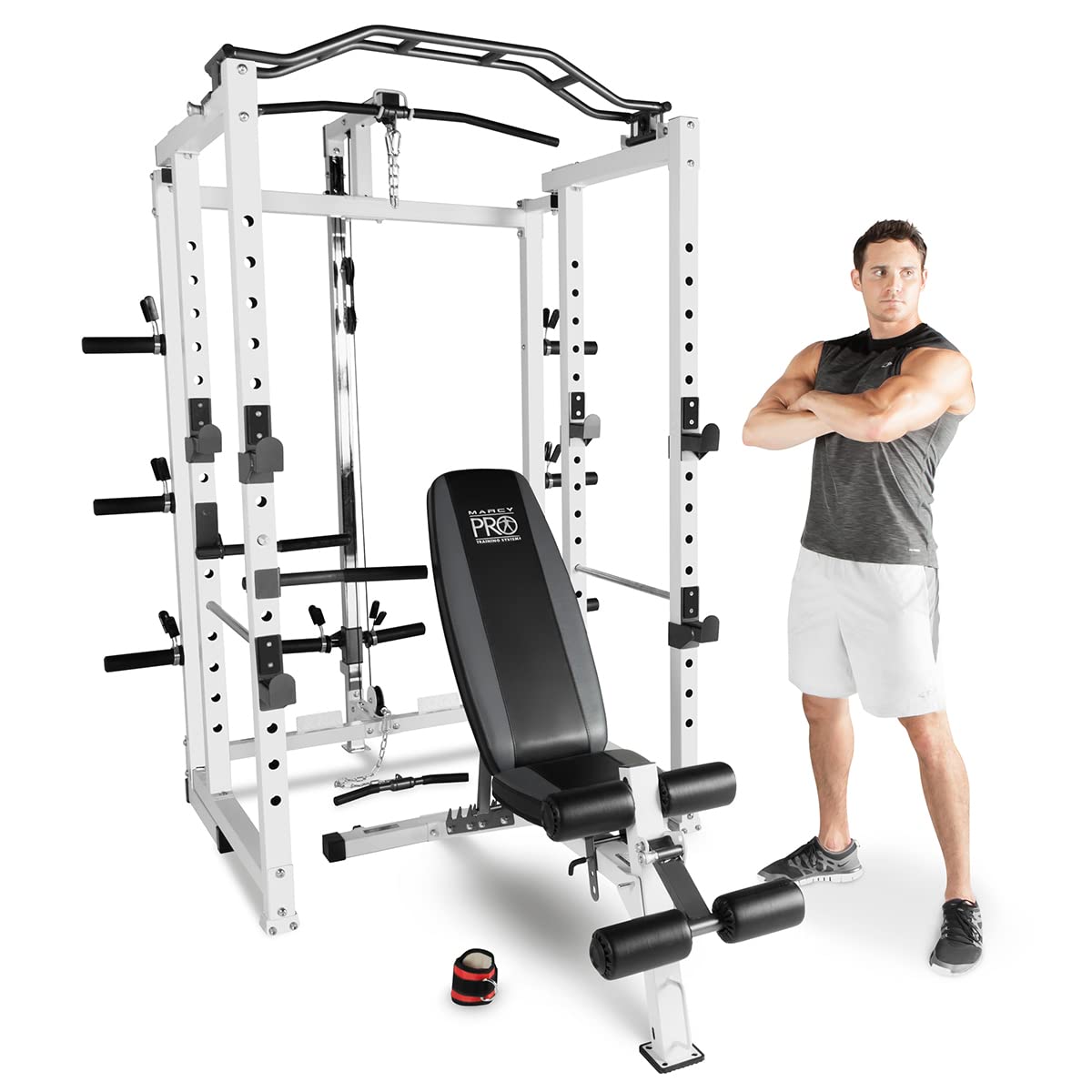 MARCY PRO Power Cage Home Gym & Adjustable Weight Bench, Foldable, High & Low Cable Pulley System