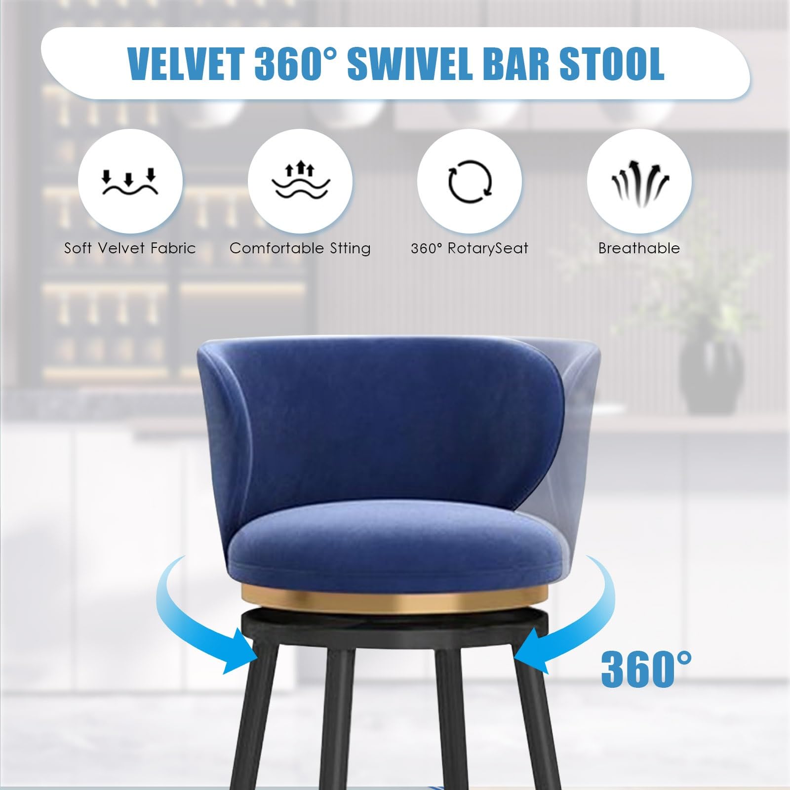 Lot de 3 tabourets de bar pivotants – Tabourets de comptoir rembourrés en velours avec dossier en métal – Chaises hautes de 74,9 cm pour cuisine et salle à manger (bleu)