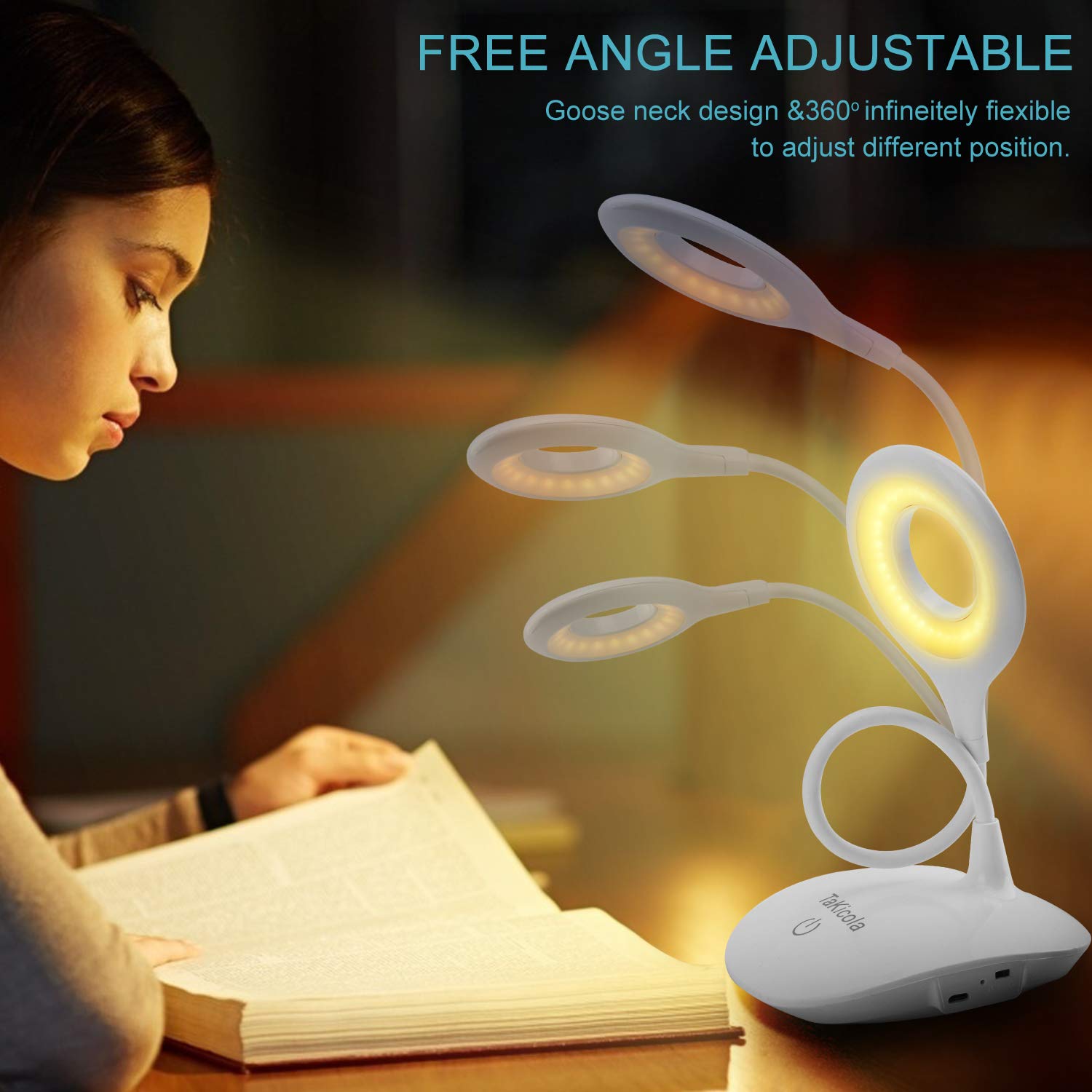 Lámpara de escritorio LED con cuello de cisne flexible, recargable inalámbrica, 3 modos de color, regulable, control táctil continuo, lámpara de mesa portátil para cuidado de los ojos para 2