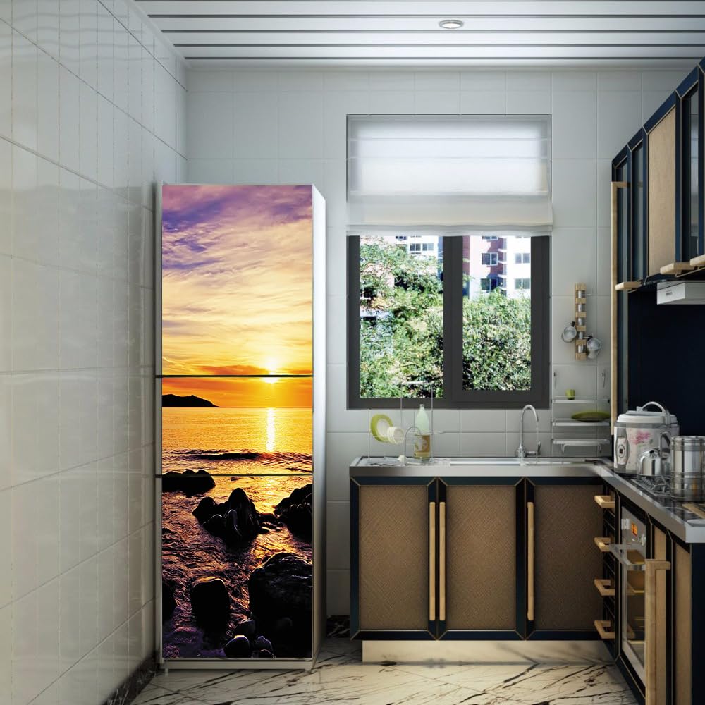 Naklejka na lodówkę Pełne pokrycie drzwi Pokrowce na lodówki Decor, skórki zamrażarki Naklejki ścienne do kalkomanii kuchennej, Sunset Seascape Reef ，Naklejki na lodówkę(L: 100x180 cm)