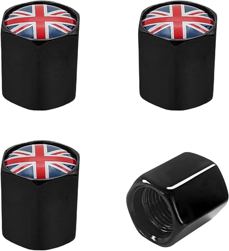 4 PCS Car Tire Valve Stem Caps, British National Flag Zinc Alloy Wheel Valve Cover, Wear Resistant England Flag Air Cap Tire Styling Decoration for Cars Trucks SUVs (Black)