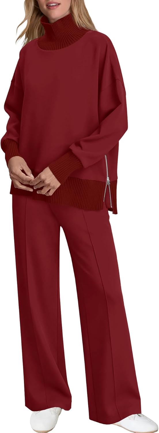 SENSERISE Womens 2 Piece Outfits Fall Matching Lounge Sets Mockneck Sweatshirt Wide Leg Pants Sweat Sets Tracksuit