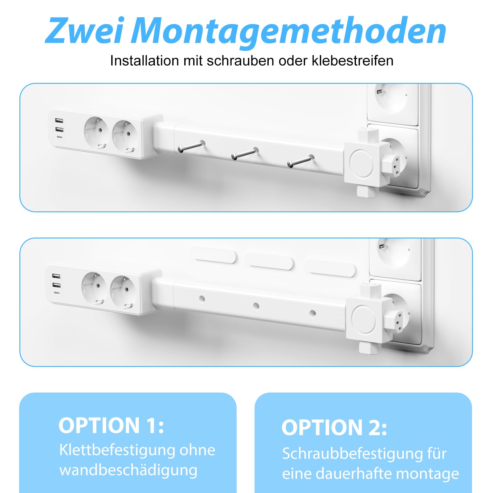 Erweiterbare Steckdosenverlängerung 25–95 cm, 2 AC, 2 USB-A & USB-C
