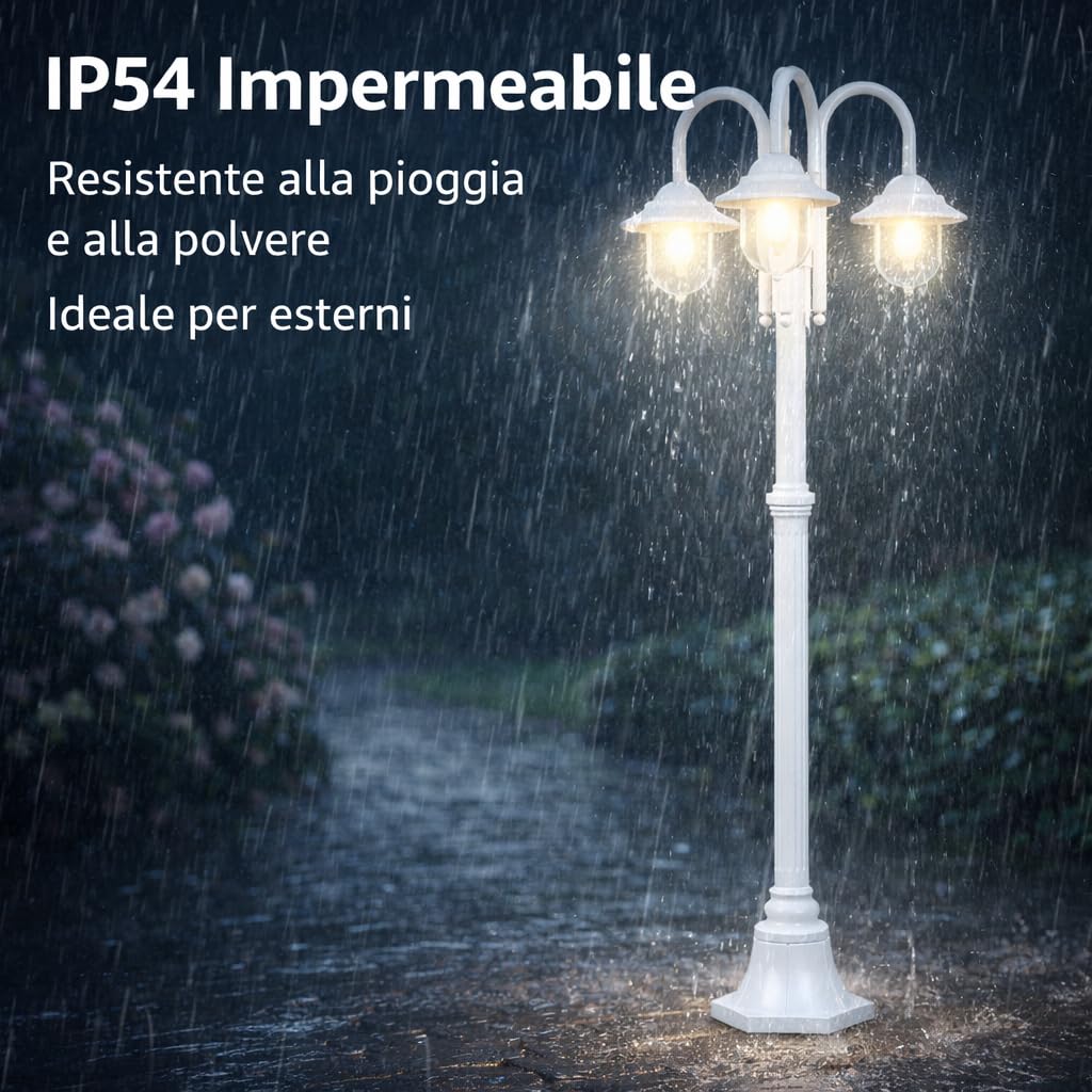 Dopa Lampione da giardino esterno (3 luci E27) con lanterna classica stile moderno, lampioni IP54 elegante palo luce Lampada esterni policarbonato 210 cm max 60W (Bianco)