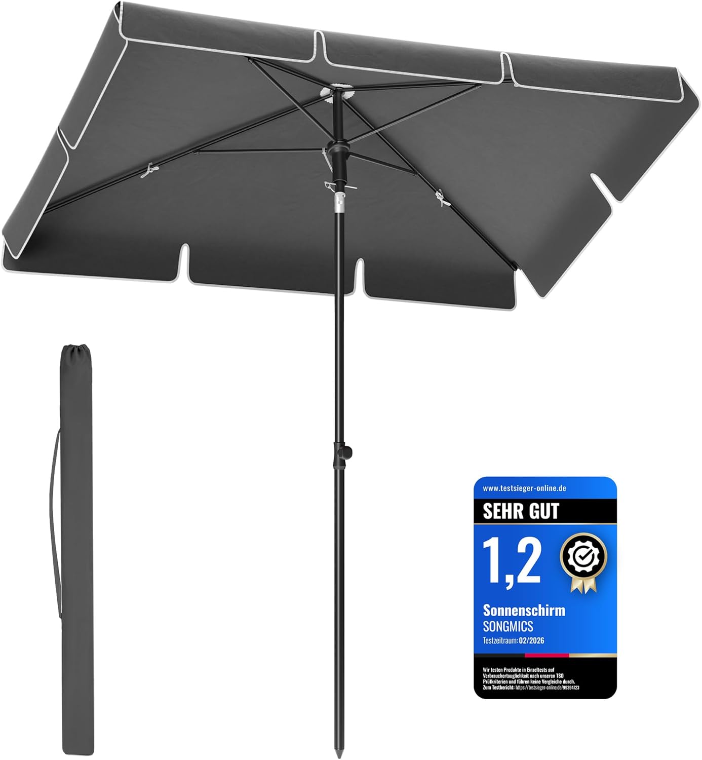 SONGMICS Sonnenschirm 230 x 150 cm, Balkonschirm UPF 50+, Sonnenschutz, beidseitig um 30° knickbar, höhenverstellbar, mit Aufbewahrungstasche, für Garten, Terrasse, ohne Ständer, grau GPU044G01