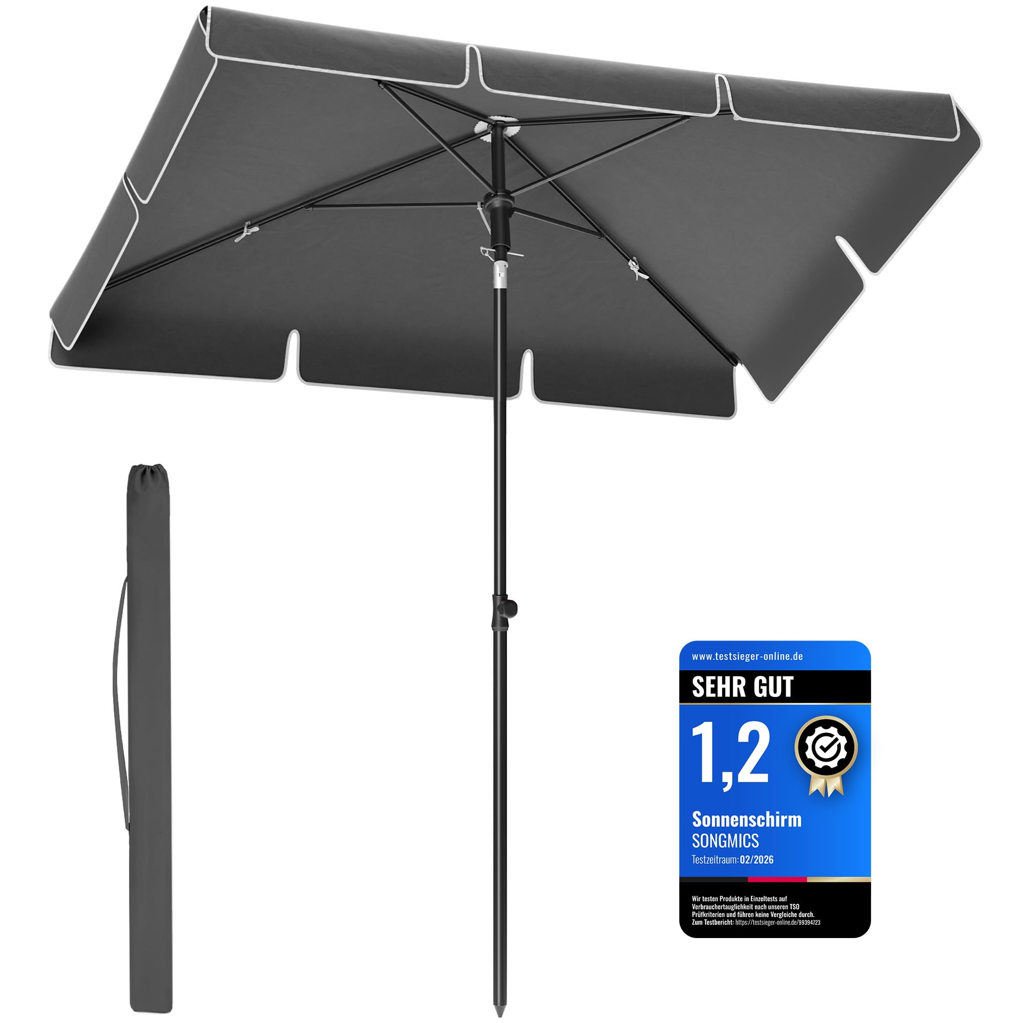 SONGMICS Sonnenschirm 230 x 150 cm, Balkonschirm UPF 50+, Sonnenschutz, beidseitig um 30° knickbar, höhenverstellbar, mit Aufbewahrungstasche, für Garten, Terrasse, ohne Ständer, grau GPU044G01