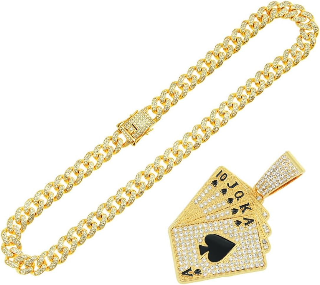 Men’s Hip Hop Rhinestone Royal Flush Poker Cards Pendant Necklace Rock Rapper Jewelry, Gothic Punk Rock Iced Out Gold Lucky Playing Cards Cuban Link Chain for Men