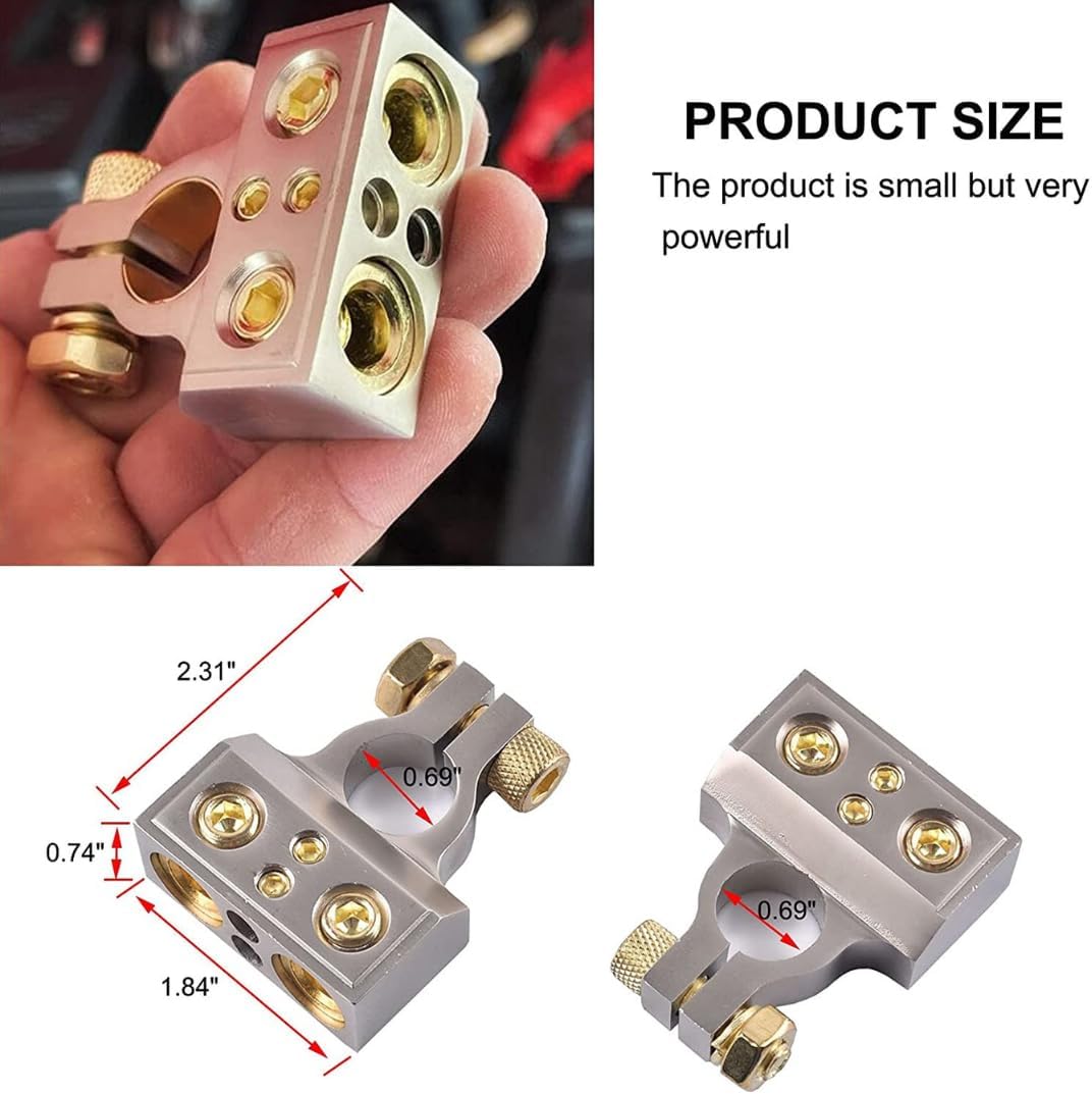 Terminal Connectors Fits 0/4/8 Gauge Inputs - Car Battery Terminal Clamps for Car Audio, Auto, Marine, RV (Dual-Size 0-10 GA)