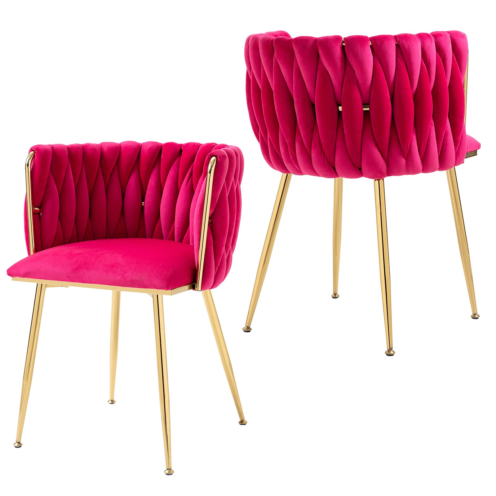 Allnifurv Modern Hand Weaving Dining Chairs Set of 2, Velvet Upholstered Side Chairs with Gold Legs, Chic Vanity Chairs with Armrest, Accent Chair for
