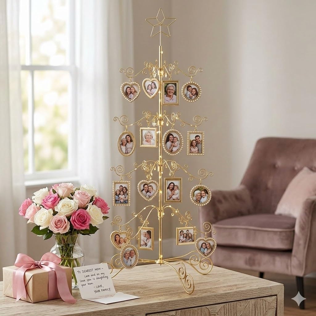 HOHIYA 3 Ft Wrought Iron Ornament Display Stand 56-Hook Metal Christmas Tree Alternative for Ornaments Glass Baubles Halloween Year-Round Displays Rack for Tabletop Taiwan Made Gold