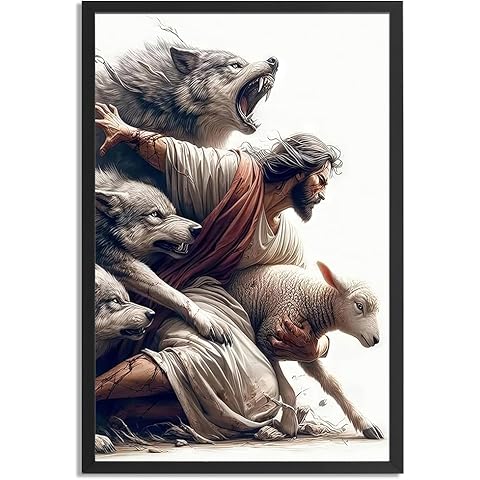 Jesus Wall Art Framed Jesus Protecting The Lamb From Wolves Poster For Church Room Wall Decor-Christian Canvas Prints Picture Hang To Home Living Bedroom Office For Decor