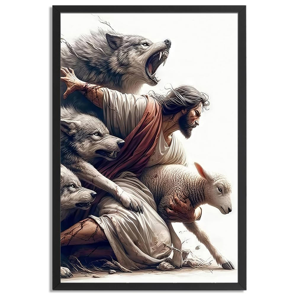 leeda Framed Canvas Wall Art, Jesus Protecting the Lamb from Wolves, Black Frame