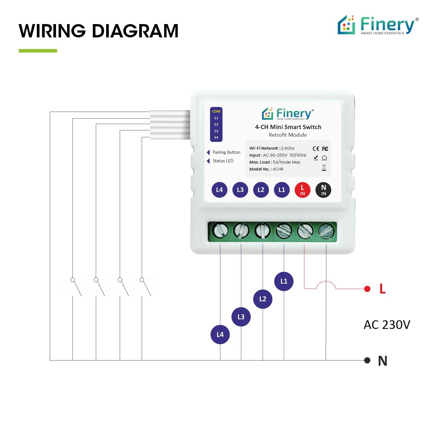 Finery 4 Node WiFi Smart Switch Retrofit Kit Supports Manual switches Compatible with Alexa & Google Home iOS and Android Smart Life app (4 Node/Gang) 4