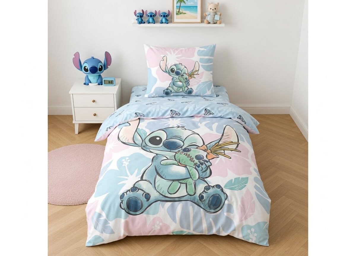 Stitch 3 Piezas Funda Nórdica Cama 90 140x200 + Funda + Bajera 90x200 Niño