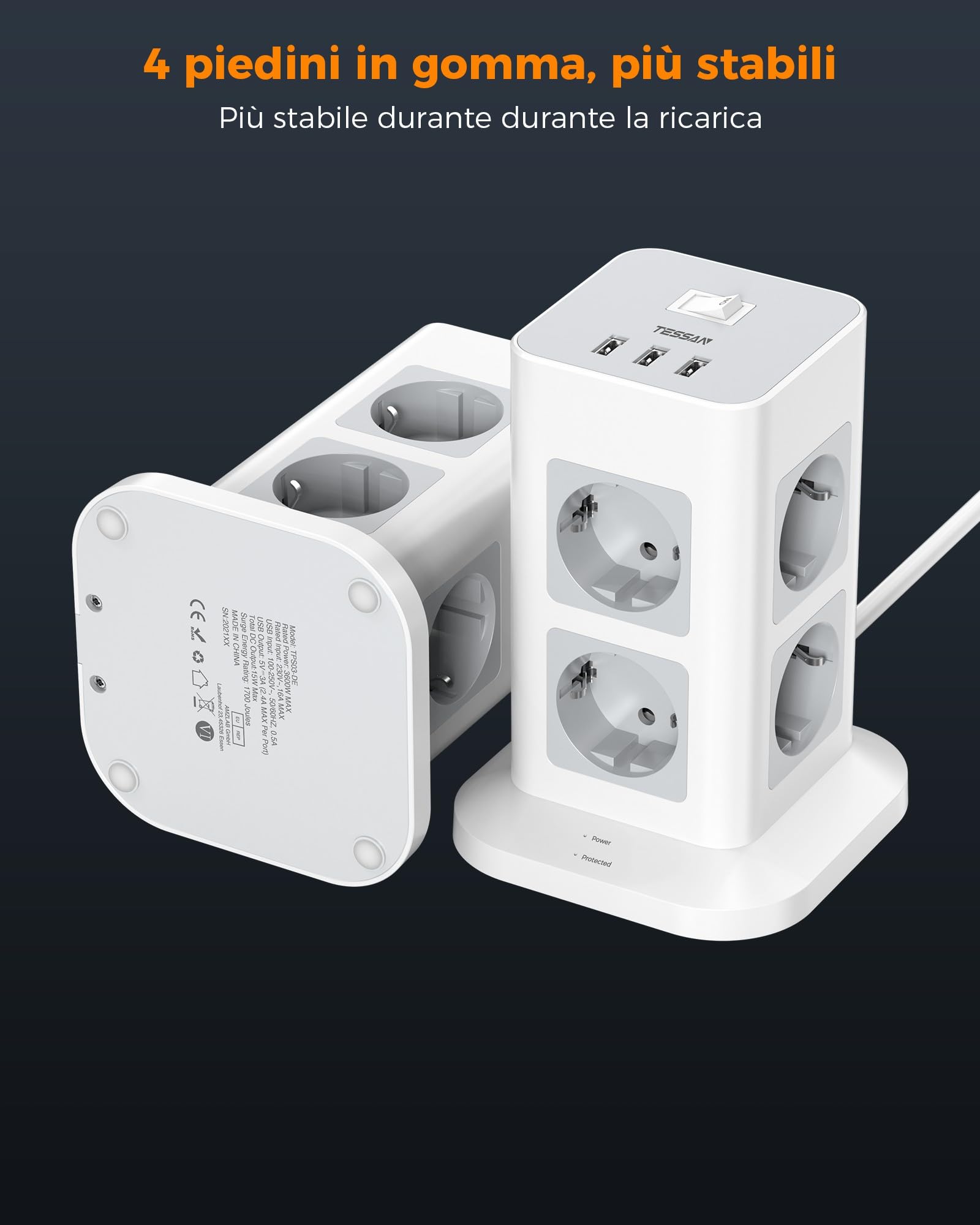 TESSAN Ciabatta Multipresa con USB, Multipresa Verticale con 8 Prese e 3 USB, Multi Presa Elettrica con Spina Piatta con Cavo 2M e Interruttore, 3600W
