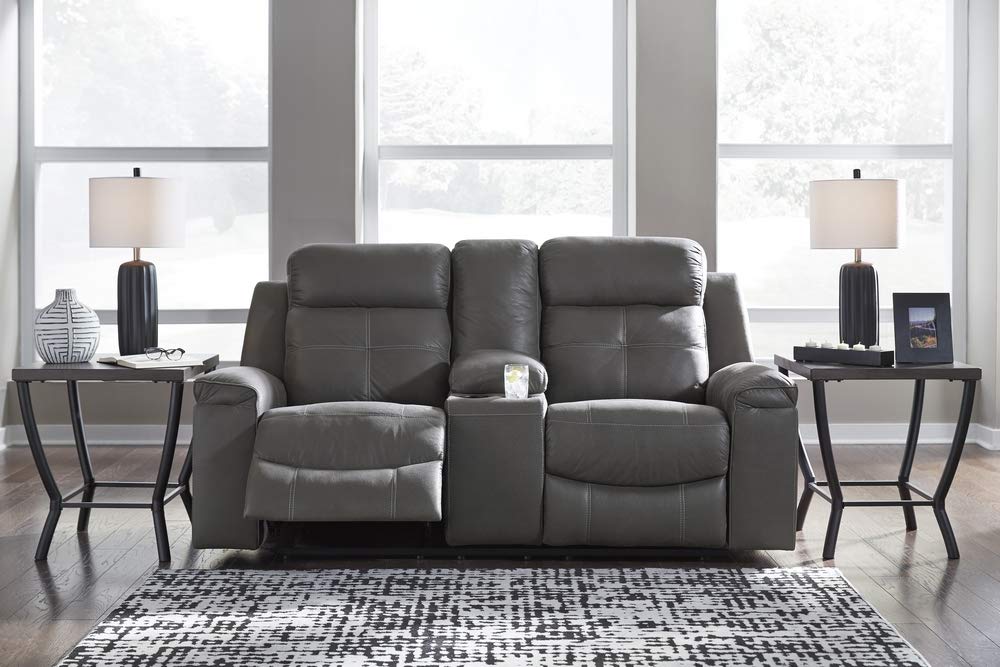Signature Design by Ashley - Jesolo Casual Faux Leather Double Reclining Loveseat - Console - Dark Gray