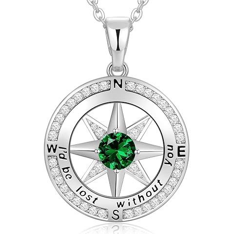 Peeshow Gifts for Women Wife-Compass Birthstone Necklace Gift for Wife Birthday Wedding Anniversary Women Jewelry for Her Girlfriend S925 Sterling Silver