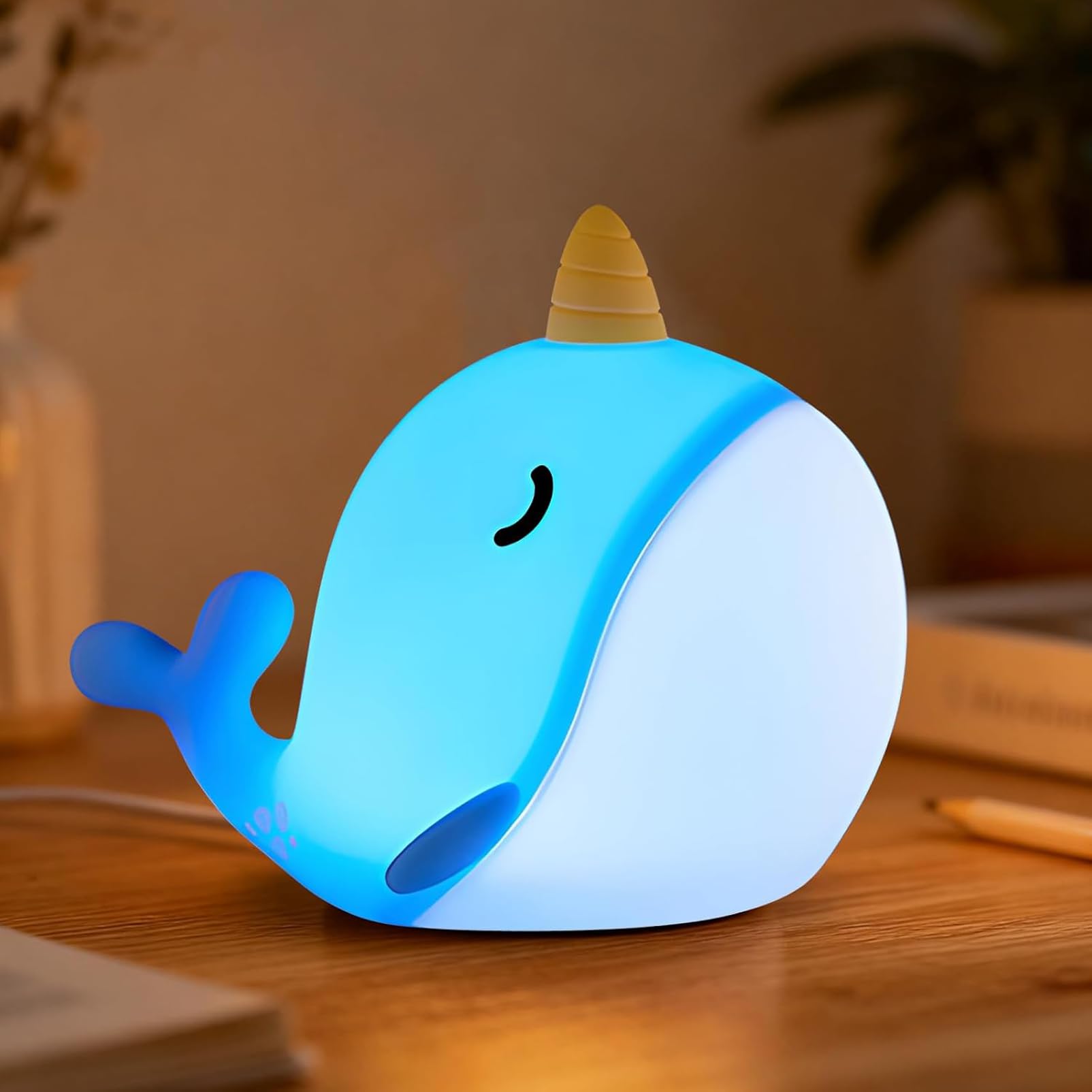 ipalmay Cute Narwhal Night Lights, Rechargeable Soft Silicone Light, Nursery Lights for Bedrooms, Desks, and Lovely Gifts for Boys and Girls (Blue, Warm Light)