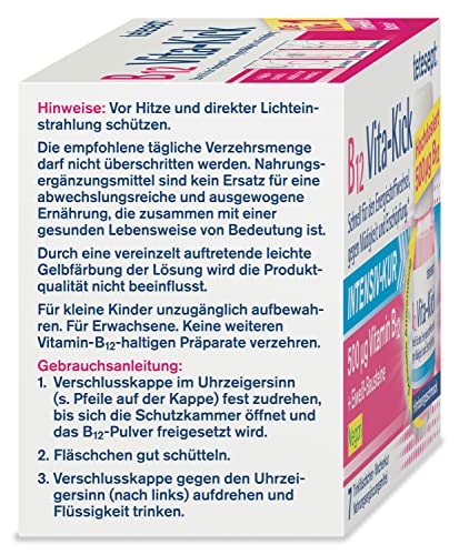 tetesept B12 Vita-Kick Trinkampullen Intensiv-Kur – Nahrungsergänzungsmittel für den Energiestoffwechsel, gegen Erschöpfung - hochdosierte Vitamin B12 Ampullen – Wochenpackung à 7 Trinkfläschchen