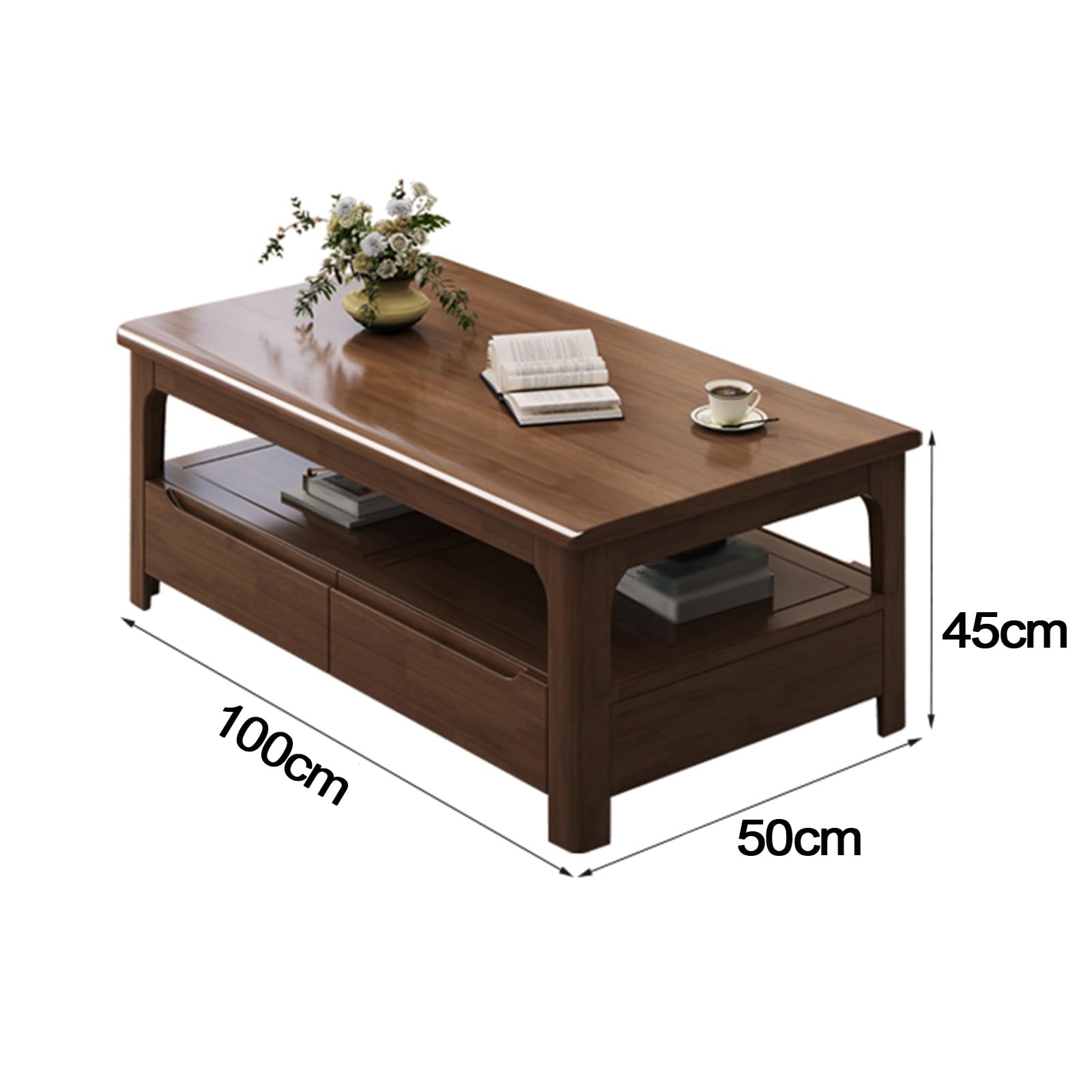 Stolik Kawowy Styl Vintage Lite Drewno Dwustronny Stół do Salonu z Czterema Szufladami Duża Pojemność Zaokrąglone Rogi Stolik Pomocniczy do Salonu, Biura(Brown)