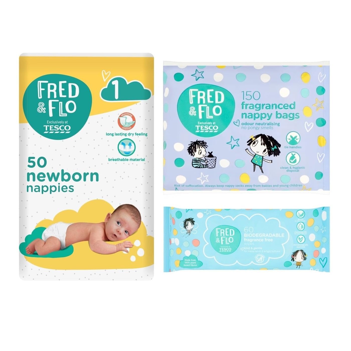 Fred & Flo Size 1 Nappies 50 Pack Bundle with Nappy Bags & Fragrance Free Wipes